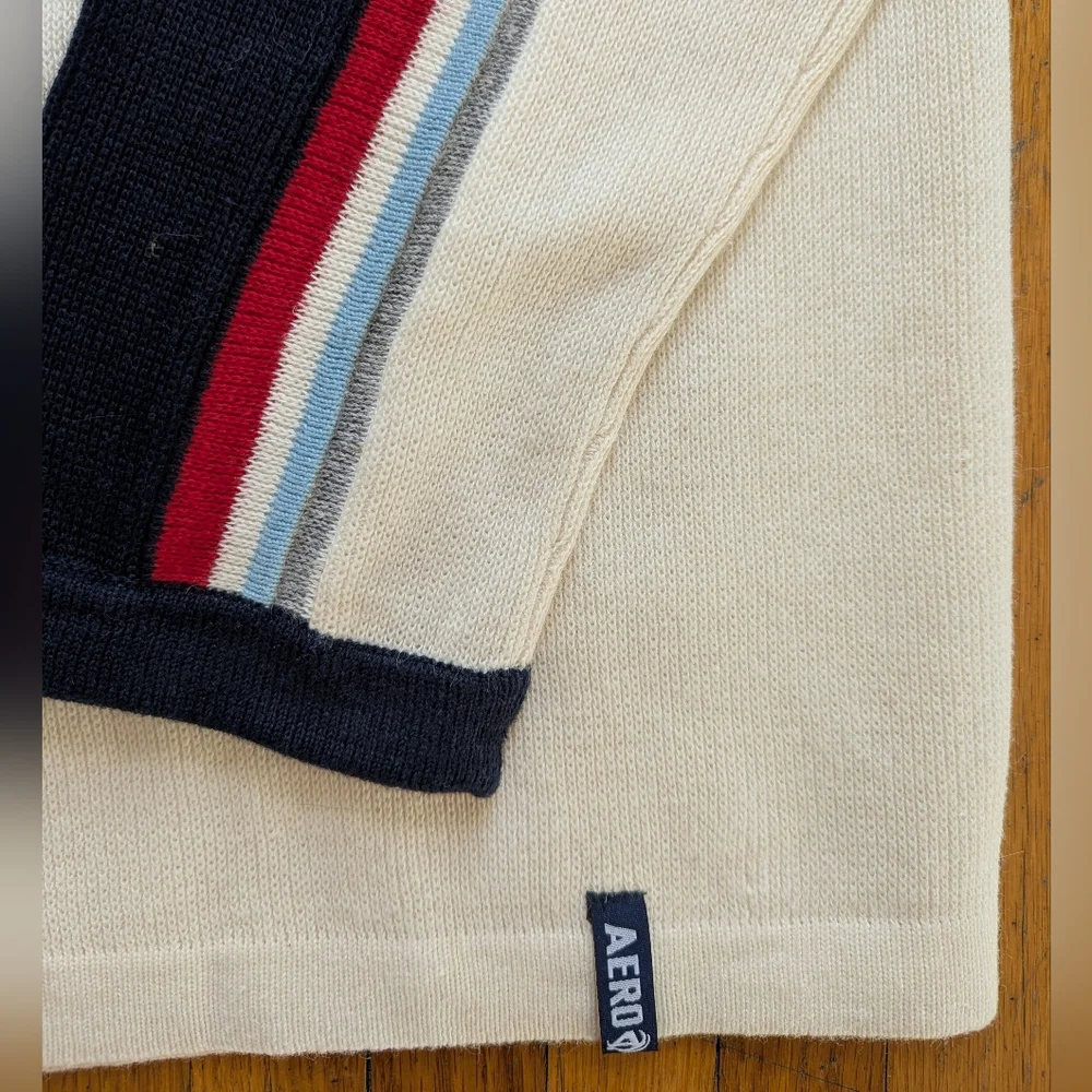 90s Vintage Mens Cream 3D Knit Colorblock Tennis Sweater Medium Varsity Preppy